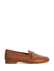 Leather Buckle Slip On Flat Loafers Tan female