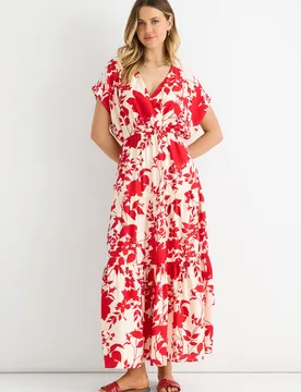 Womens Red Floral Elastic Waist Maxi Dress - Size 12 Uk - Gini London - FashionsVida