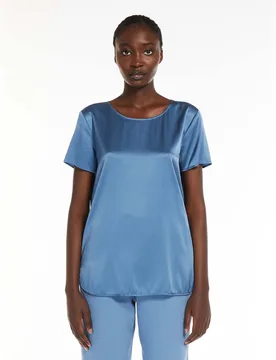 Blusa color avio scuro in crêpe di seta stretch a maniche corte - Max Mara - FashionsVida