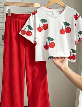 Set de 2 piezas con camiseta de manga corta con estampado floral y pantalones de pierna ancha de cintura alta texturizados para niñas