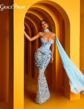 Enchanting Light Blue Sweetheart Corset Evening Gown Formal 3D Floral Lace Chiffon Cape Party Dress Wedding Guests فساتين سهرة - Aliexpress - FashionsVida
