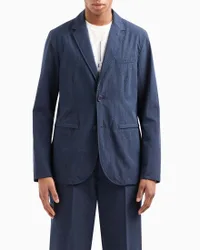 Blazer blu in seersucker con rever classico e chiusura monopetto