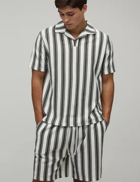 Men's Regular Fit Stripe Revere Polo & Shorts Set Forest Size Medium Forest M - boohooMAN - FashionsVida