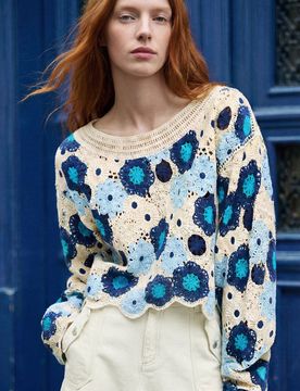 Pull crochet à fleurs, , Bleu, S
