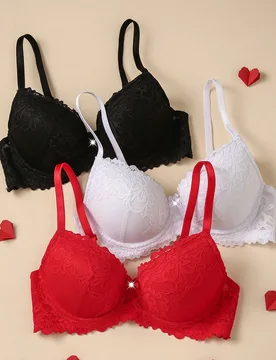 Set de 3 piezas de sujetador con aros y encaje para el Día de San Valentín para mujeres - Shein - FashionsVida