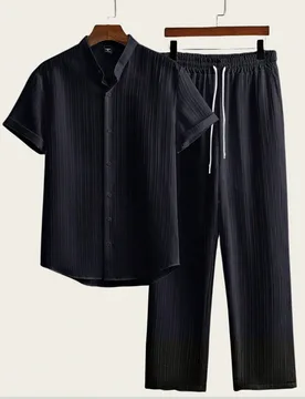 Conjunto de 2 piezas para hombre: camisa casual de manga corta con textura y unicolor, y pantalón holgado de pierna recta con cordón en la cintura - Shein - FashionsVida