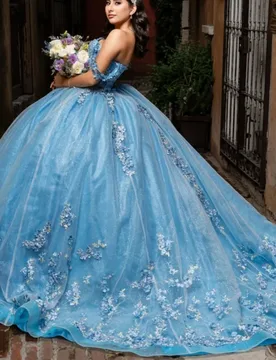 Blue Quinceanera Dresses Off the Shoulder Glitter 3D Flower Crystal Decal Long tail Vestidoe 15 Quinceanera Customize - Aliexpress - FashionsVida