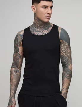 Men's Tall Essential Muscle Fit Vest Black Size Medium Black M - boohooMAN - FashionsVida