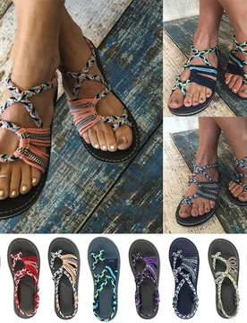 Fashion Roman Summer Sandals Explosion Color Matching Rope Knot Beach Toe Flat Sandals Women Flat Shoes Women Sandalias De Mujer - Aliexpress - FashionsVida