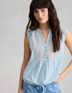Pure Cotton Embroidery Tie Hem Top Blue female - White stuff - FashionsVida