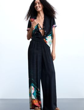 Pantalón fluido tropical, Mujer, Viscosa, Negro, XS