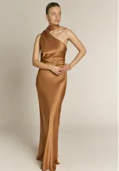 Raye One Shoulder Dress in Caramel - 8