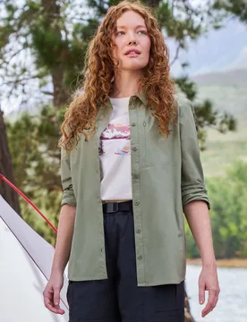 Women's 'Tahiti' Casual Lightweight Button Down Long Sleeve Quick Dry Shirt in Khaki Size: 8 - Khaki - Size: 8 - Mountain Warehouse - FashionsVida