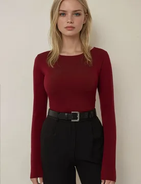 Womens Slim Fit Boat Neck Long Sleeve Top - Burgundy - Size Large - Hiccup - FashionsVida