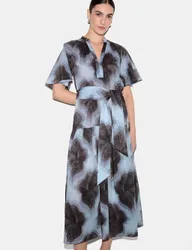 Pure Cotton Printed V-Neck Midi Waisted Dress Blue Mix female
