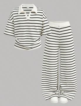 Conjunto de 2 piezas para niña preadolescente, camiseta de manga larga con cuello en V, hombros caídos y rayas, y pantalones a rayas con cintura el?