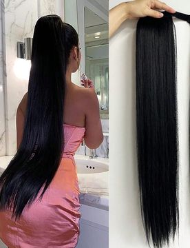 Extensiones de cabello de cola de caballo recta de 32 pulgadas de largo, color marrón-negro, fibra sintética resistente al calor, adecuado para niñ