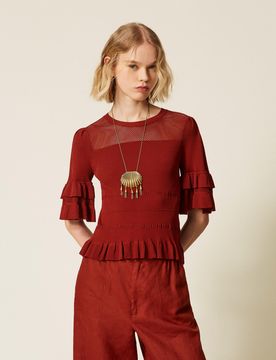 Pull côtelé avec filet et volants