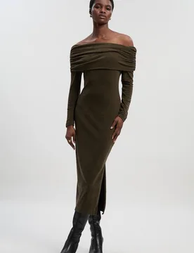 Women's Off The Shoulder Brushed Textured Jersey Midi Dress in Khaki Size: Small - Khaki - Size: S - Karen millen - FashionsVida