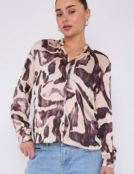 Women's Grey Abstract Print Gold Foil Dotted Blouse Size: 10 - Grey - Size: 10 - LOVE SUNSHINE - FashionsVida