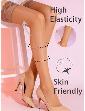 Par de medias altas hasta el muslo de encaje transparente color nude para mujer Sedosas, sexys y ajustadas Esenciales para citas románticas y salidas - Shein - FashionsVida