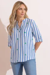 Floral Embroidered Striped Shirt - Blue - Size: 16