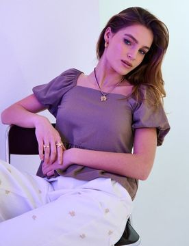 Blusa stile camicia con viscosa e misto lino - marrone scuro