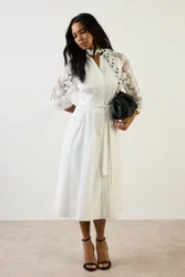 Cotton Lace Belted Shirt Dress - Ivory - Size: 12
