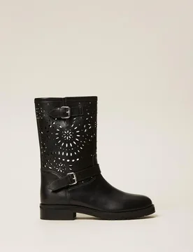 Bottines motardes en cuir ajouré - TWINSET - FashionsVida