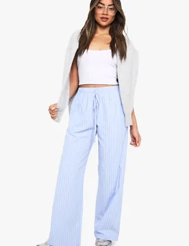 Womens Stripe Wide Leg Drawstring Trouser - Light Blue Cotton - Size 8 Uk - Boohoo - FashionsVida