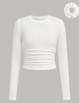 Camiseta de punto blanca con diseño fruncido y coletero para niñas preadolescentes, moda casual versátil para uso diario