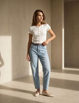 Jeans balloon a vita alta con cintura - blu