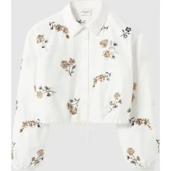 Camisa de mujer de manga larga con bordado floral de lentejuelas y corte holgado