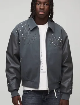 Men's Embellished Cross Applique Melton Bomber Jacket Charcoal Size X-Large Charcoal XL - boohooMAN - FashionsVida