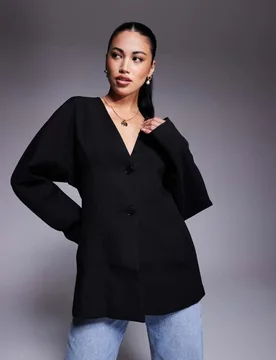 Womens Tailored Linen Look Textured Nipped Waist Blazer In Black - Size X-Small - ASOS DESIGN - FashionsVida