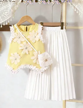 Set de 2 piezas: Top sin mangas con volantes y decoración floral para niñas pequeñas, combinado con pantalones anchos de pierna ancha y plisados, d - Shein - FashionsVida