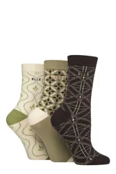 Women's 3 Pair Plain, Striped and Patterned Cotton Socks with Smooth Toes Patterned Forager 4-8 - Multi Coloured - Size: Small