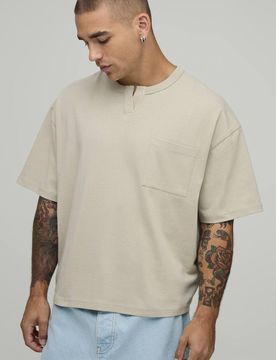 Herren Übergroßes Verkürztes V-Ausschnitt Brusttaschen-Oberteil Stone Größe Large