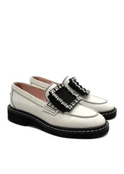 White Leather Viv' Rangers Strass Buckle Loafers