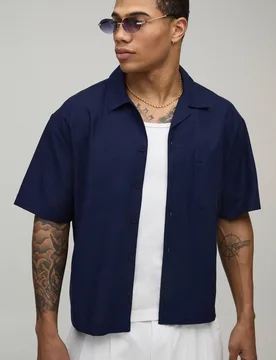 Herren Oversized Boxy Fit Kurzarm Leinen-Mix Hemd Navy Größe Small - boohooMAN - FashionsVida