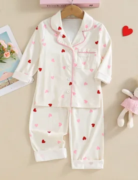 Conjunto de pijama de 2 piezas con top de manga larga y pantalones con estampado de corazón, ropa de casa para niñas - Shein - FashionsVida
