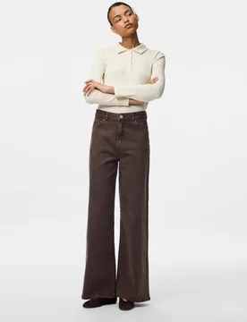 Pantalón vaquero alto de corte ancho de mujer - Pieces - FashionsVida