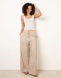 Embroidered Pattern Wide-Leg Trousers - S / STONE - female