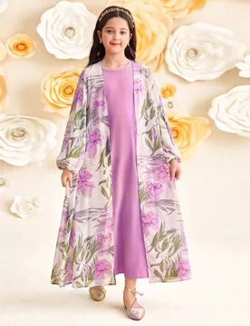 Conjunto de 2 piezas para niña preadolescente: Chaqueta holgada de manga larga con estampado floral elegante y vestido morado sólido de cuello redon - Shein - FashionsVida