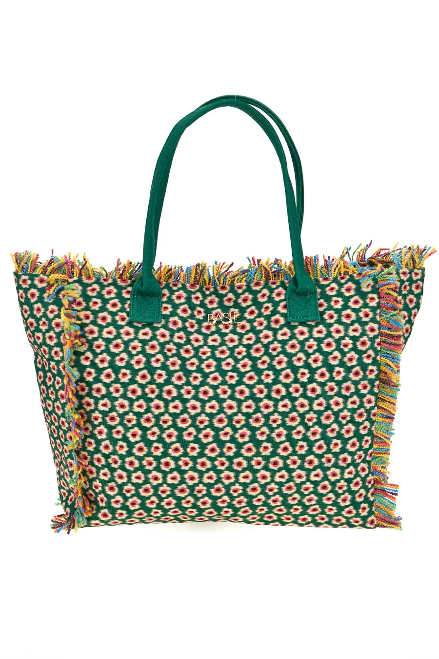 Borsa Mare Verde in Tessuto con Stampa Floreale e Frange Multicolor CLASS BA22214 - Basile - FashionsVida