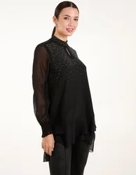 Rhinestone High Neck Top - M / BLACK - female