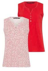 Pack Printed Sleeveless Henley Tops - Red - Size: 20