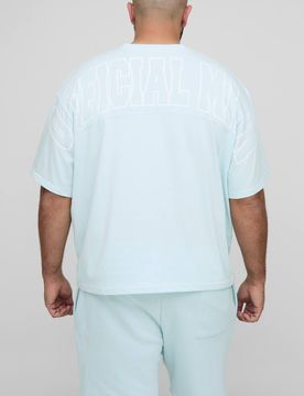 Herren Plus Offizielles Herren Kontrastnaht Übergroßes Kastenförmiges Oberteil & Entspannte Jersey Kurze Hose Set Light Blue Größe 3XL
