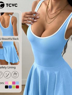 Vestido deportivo con tirantes y espalda descubierta para mujer, con bolsillo, espalda cruzada de color liso, cuello cuadrado, para tenis, yoga, depor