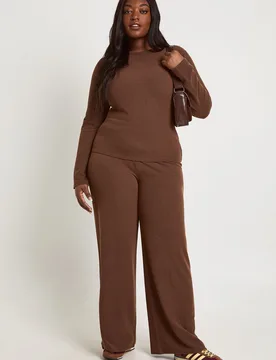 Womens Plus Two Toned Rib Long Sleeve Top & Wide Leg Trouser Co Ord - Chocolate - Size 16 Uk - Boohoo - FashionsVida